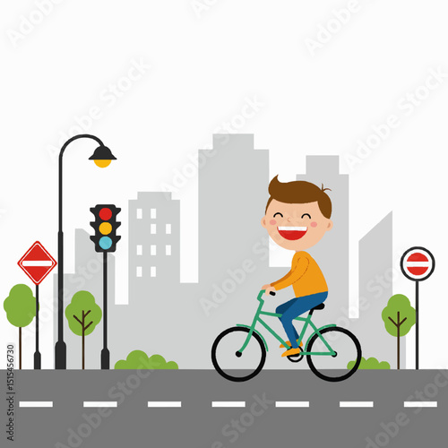 Happy cartoon boy riding a bicycle through a city street, traffic lights and road signs visible, urban setting, white background, minimalistic vector style, no background elements.