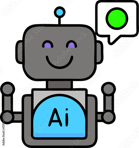 Lively AI - related Vector Robot Icon. Features a gray robot with an "Ai" sign on the chest and a winking, lively expression. Editable shapes. Vector illustrations.