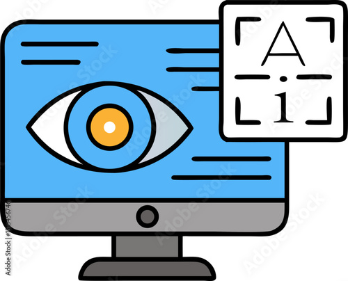 AI - associated Vector Computer Icon. Features a computer screen with an eye pattern and a square sign with "Ai" text. Editable contours. Vector illustrations.