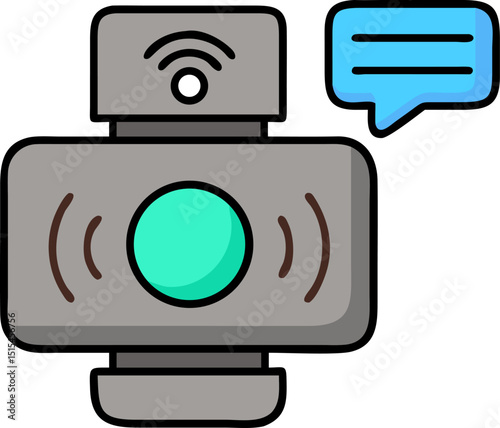 Camera - related Vector Icon. Shows a gray camera with a green lens, WiFi symbol, and a blue speech bubble. Editable graphics. Vector illustrations.