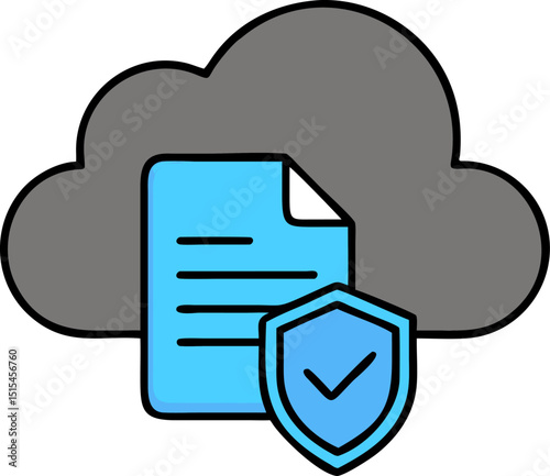 Cloud - based Security Vector Icon. Shows a gray cloud with a blue document and a shield sign with a checkmark. Editable graphics. Vector illustrations.