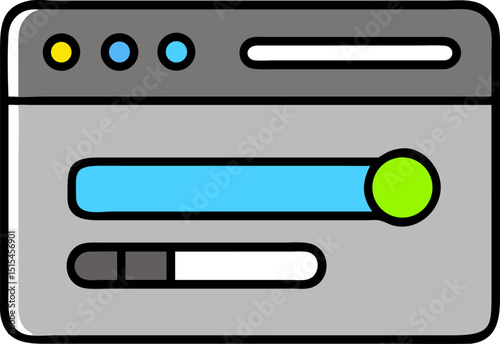 Settings - Progress - related Vector Icon. Features a gray and blue settings interface with a progress bar and a green slider. Editable visuals. Vector illustrations.