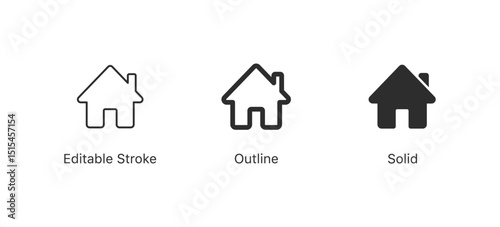 House icons. Set of minimalist home icons in editable stroke, outline, and solid styles. Perfect for UI/UX design, apps, websites and real estate projects
