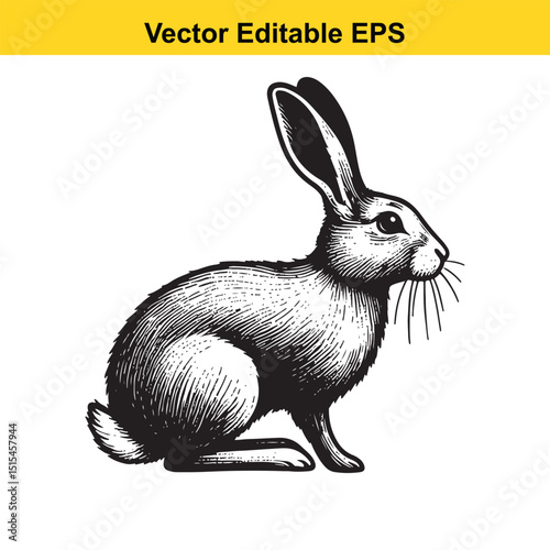A meticulously detailed hand-drawn illustration of a rabbit, captured in a vintage woodblock print style.