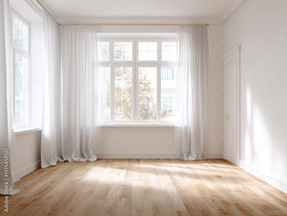 Fototapeta premium A large room with a white door and a window. The window is open and the curtains are white