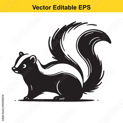 A black and white illustration of a skunk with a bushy tail
