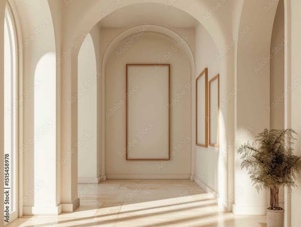 Fototapeta premium A white room with a large archway and a plant in the corner. The archway is decorated with white trim