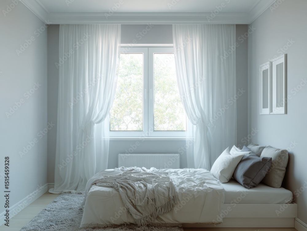 Fototapeta premium A bedroom with a white bed and white curtains. The curtains are open and the sun is shining through the window