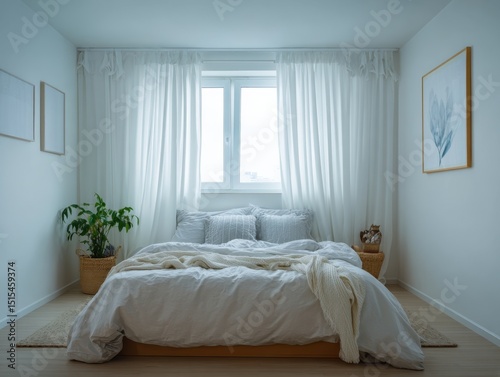A cozy bedroom with a white bed  curtains  and a potted plant. The curtains are white and the bed is neatly made. The room has a simple and clean design