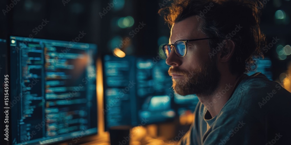 Dedicated Coder Working Late Night on Complex Programming Tasks with Glowing Screens Dedicated Coder Working Late Night on Complex Programming Tasks with Glowing Screens