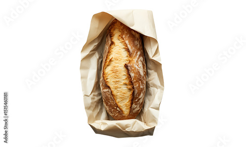 Freshly baked loaf of bread nestled in parchment paper. photo