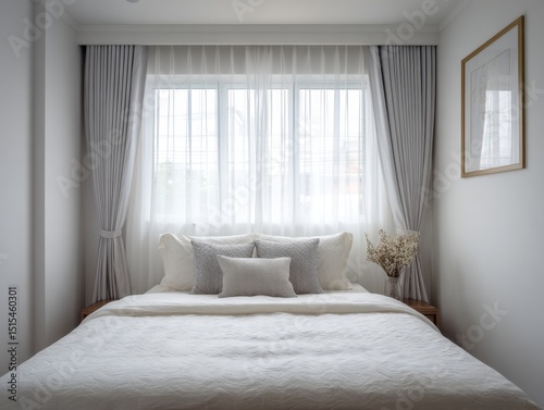 A white bed with white curtains and a white comforter. A vase with flowers on the bed