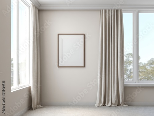 A room with a white wall and a white curtain. There is a picture frame on the wall