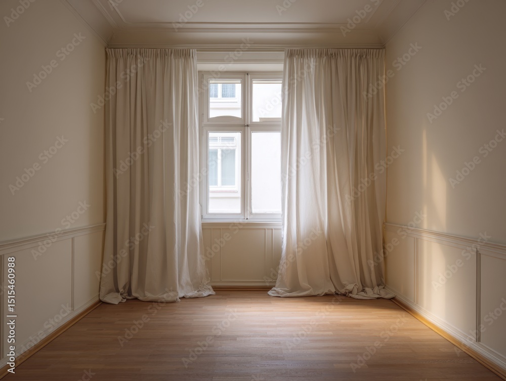 Obraz premium A room with a window and white curtains. The curtains are open and the room is empty