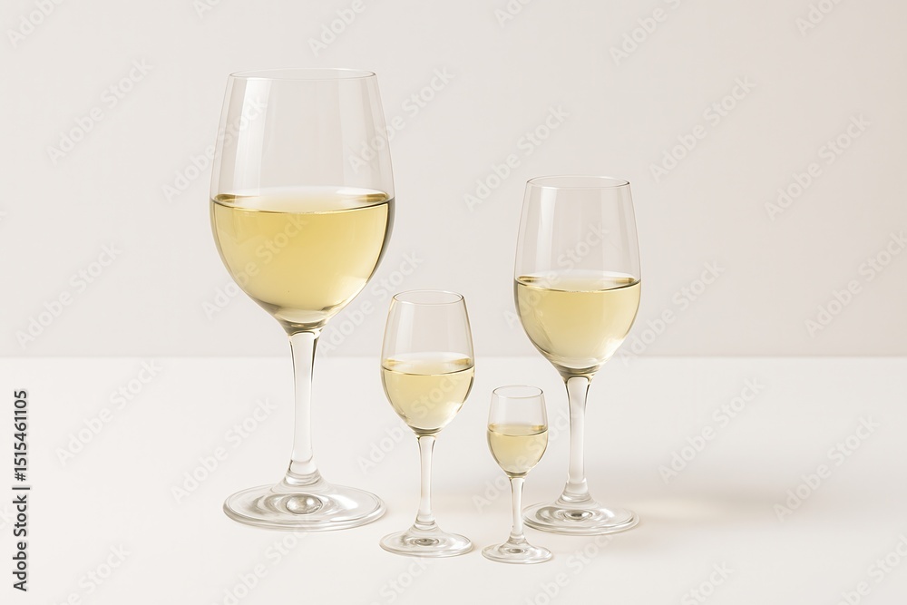 Four glasses containing white wine decreasing in size creating a family concept Four glasses containing white wine decreasing in size creating a family concept