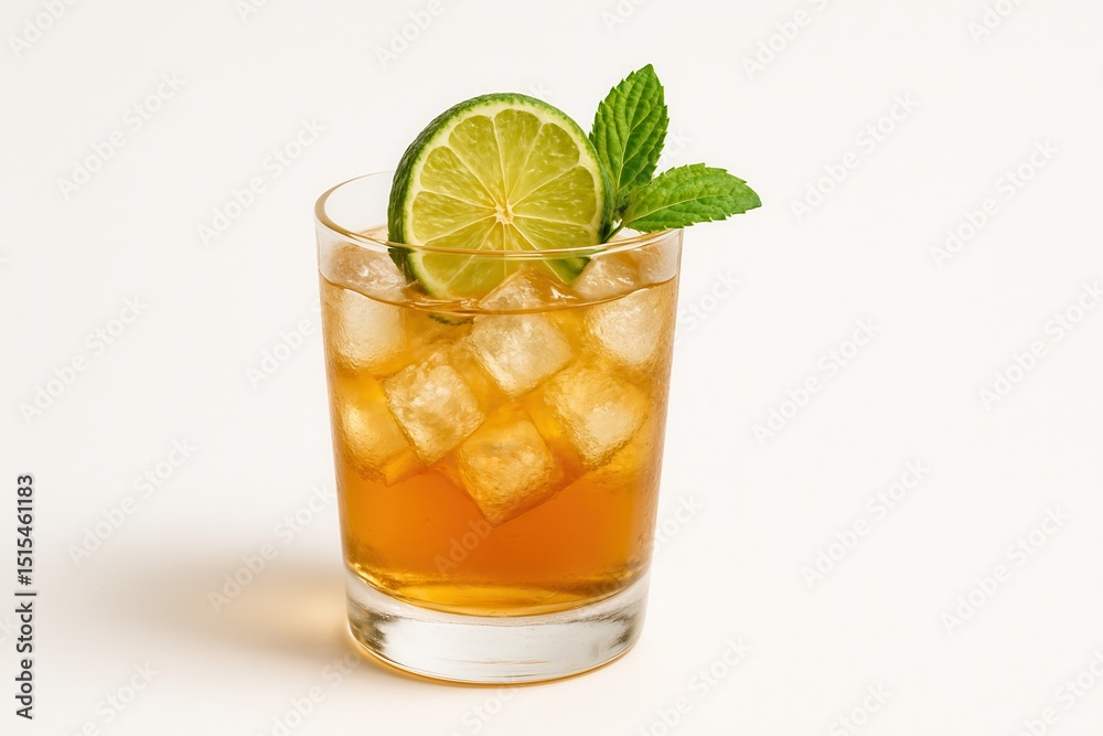 Iced tea cocktail with lime and mint on white background Iced tea cocktail with lime and mint on white background