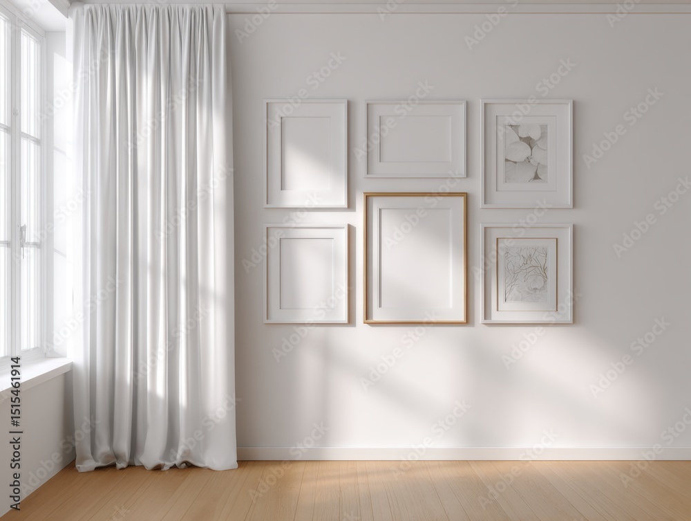 Fototapeta premium A white room with a curtain and a window. There are six white frames on the wall. The frames are all empty