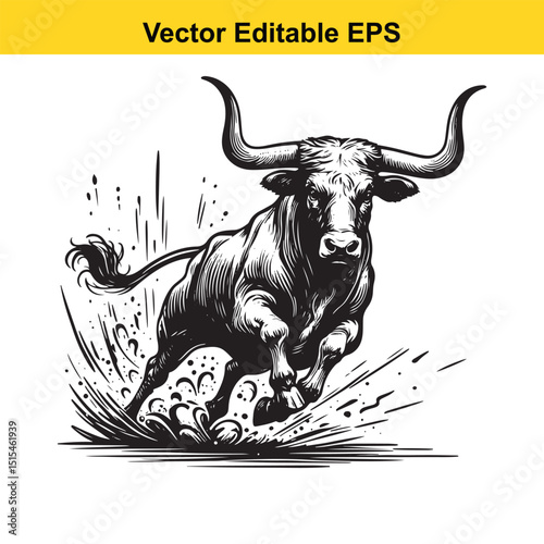 A powerful bull charging forward, depicted in a vintage woodcut style, showcases its strength and majestic horns.	