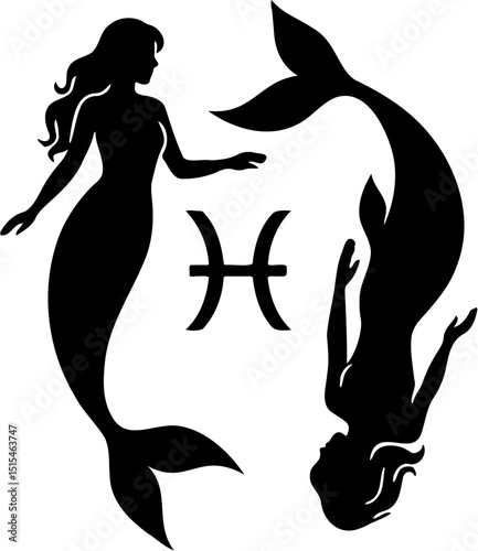 Pisces zodiac silhouette vector illustration, white background