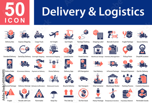 Delivery & Logistics Collection of Icons with Colorful Glyphs. Containing: Delivery Box  ,Express Shipping  ,Cargo Truck  ,Air Freight  ,Sea Freight  ,Package Tracking  ,Shipping Label  ,Barcode Scann
