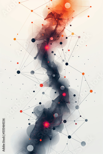 Abstract neural network effect. Colorful smoke-like form intertwined with connected nodes and lines in a vertical flow. Ideal for AI concepts, data visualization, or scientific presentations.