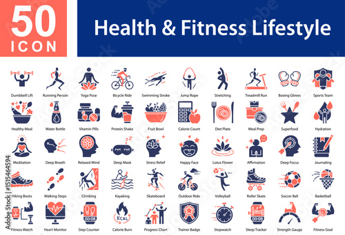 Health & Fitness Lifestyle Collection of Icons with Colorful Glyphs. Containing: Dumbbell Lift  ,Running Person  ,Yoga Pose  ,Bicycle Ride  ,Swimming Stroke  ,Jump Rope  ,Stretching  ,Treadmill Run 