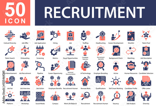 Recruitment Collection of Icons with Colorful Glyphs. Containing: Cultural Diversity  ,Job Offer  ,Job Application  ,Hiring  ,Job  ,Staffing  ,Headhunting  ,Career Development  ,Shortlist 