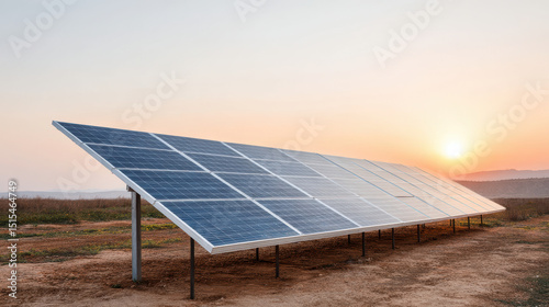 solar energy farm in saudi arabia during golden hour highlighting one solar panel with ultrabright light