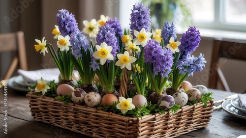 Wallpaper Mural Easter table centerpiece with purple hyacinths, yellow daffodils, and decorative eggs in a wicker basket Torontodigital.ca