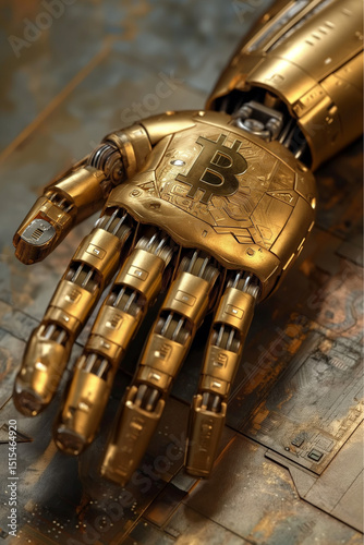 Golden robotic Bitcoin hand. Metallic robotic hand in gold finish with embossed Bitcoin symbol. Ideal for cryptocurrency concepts, fintech visuals, or sci-fi digital art.