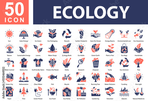 Ecology Collection of Icons with Colorful Glyphs. Containing: Sun,Solar Energy,Go Green,Eco Packaging,Recycle,Carbon Footprint,Save the Ocean,Energy Beams,Environmental Law,Eco Awareness,