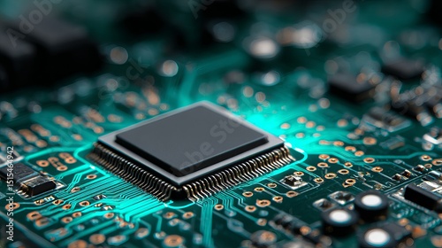 Closeup High Resolution Image of a Modern Microchip Circuit Board Teal Green Technology Digital Electronic Hardware Computer Processor Integrated Circuit Detailed Background Data  
