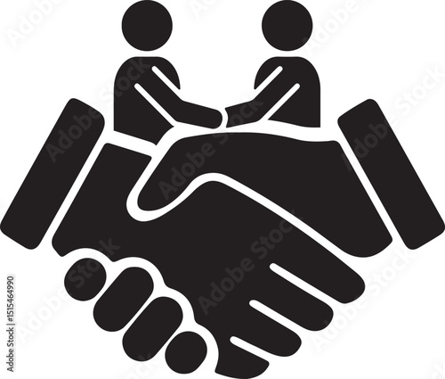 an illustration of a handshake with stick figures shaking hands above it
