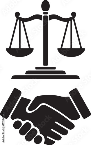 an illustration of a handshake and the scales of justice
