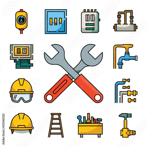  vector icons representing home fix and factory maintenance, gas and electricity maintenance                              
