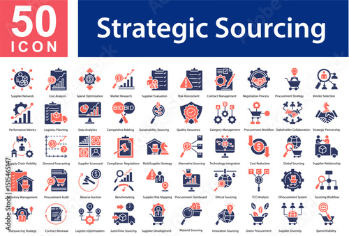 Strategic Sourcing Collection of Icons with Colorful Glyphs. Containing: Supplier Network  ,Cost Analysis  ,Spend Optimization  ,Market Research  ,Supplier Evaluation  ,Risk Assessment 