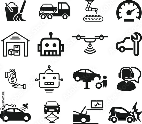 Car service icon set with garage, workshop, auto mechanic, technician, station, lubrication, maintenance and automotive.