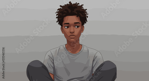 Young boy sitting on the ground with a thoughtful expression indoors  