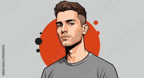 Illustration of a young man with short hair against a graphic background  