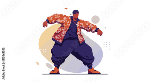Hip-hop dancer performing dynamic moves in colorful street attire  