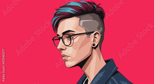 Young person with trendy hairstyle and glasses on vibrant background  