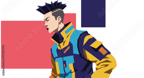 Young male character in colorful jacket against abstract background  