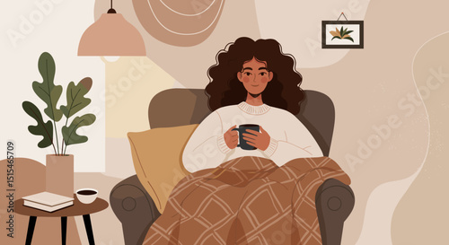 Young woman relaxing with a cup in cozy armchair at home  