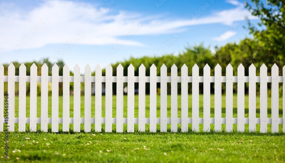 White Picket Fence in a Lush Green Lawn Under a Blue Sky