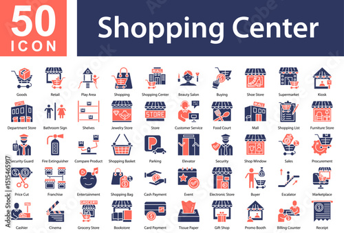 Shopping Center Collection of Icons with Colorful Glyphs. Containing: Goods,Retail,Play Area,Shopping,Shopping Center,Beauty Salon,Buying,Shoe Store,Supermarket,Kiosk,Department Store,Bathroom Sign