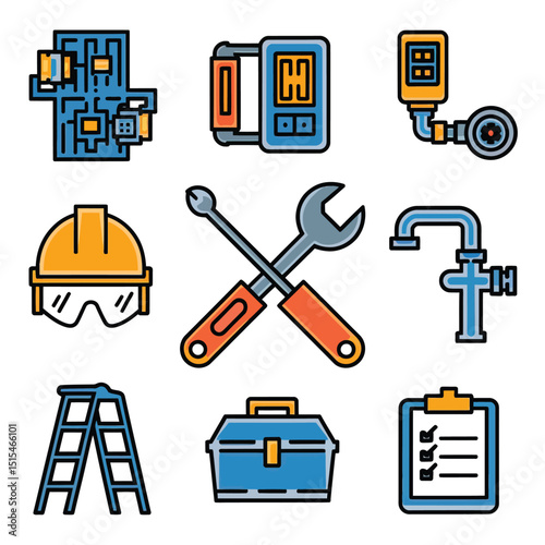  vector icons representing home fix and factory maintenance, gas and electricity maintenance                              
