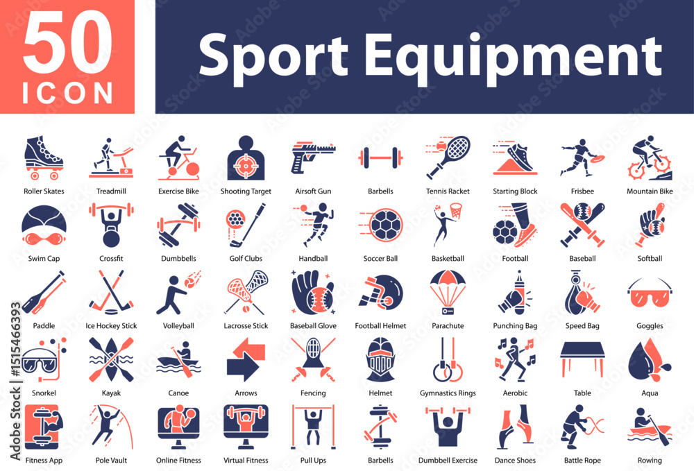 Fototapeta premium Sport Equipment Collection of Icons with Colorful Glyphs. Containing: Roller Skates,Treadmill,Exercise Bike,Shooting Target,Airsoft Gun,Barbells,Tennis Racket,Starting Block,Frisbee,Mountain Bike,