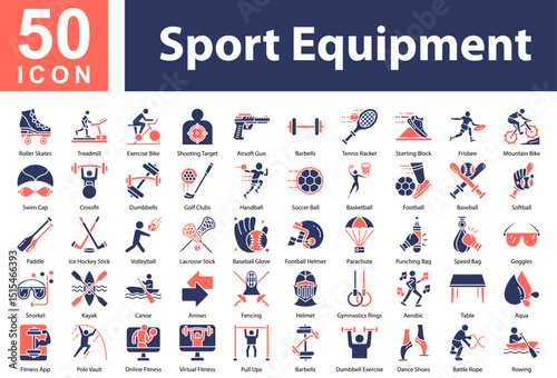 Sport Equipment Collection of Icons with Colorful Glyphs. Containing: Roller Skates,Treadmill,Exercise Bike,Shooting Target,Airsoft Gun,Barbells,Tennis Racket,Starting Block,Frisbee,Mountain Bike,