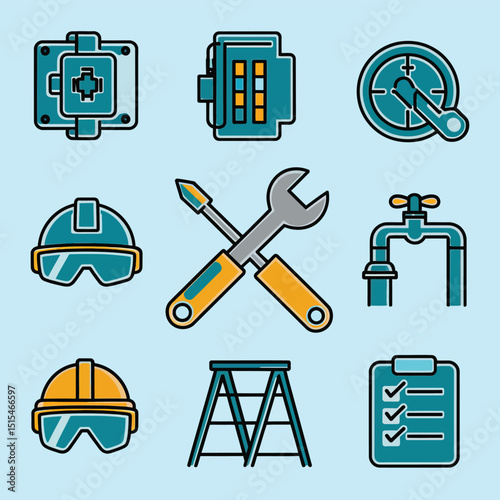  vector icons representing home fix and factory maintenance, gas and electricity maintenance                              
