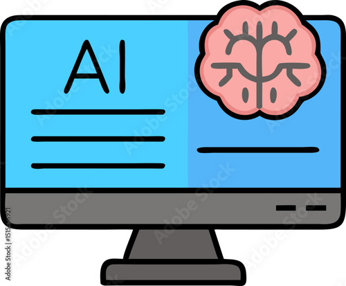 AI - Brain - related Vector Icon. Features a computer screen with the letters "AI" and a brain graphic. Editable details. Vector illustrations.
